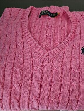 Polo by Ralph Lauren Bright Pink Cable-Knit V-Neck Sweater